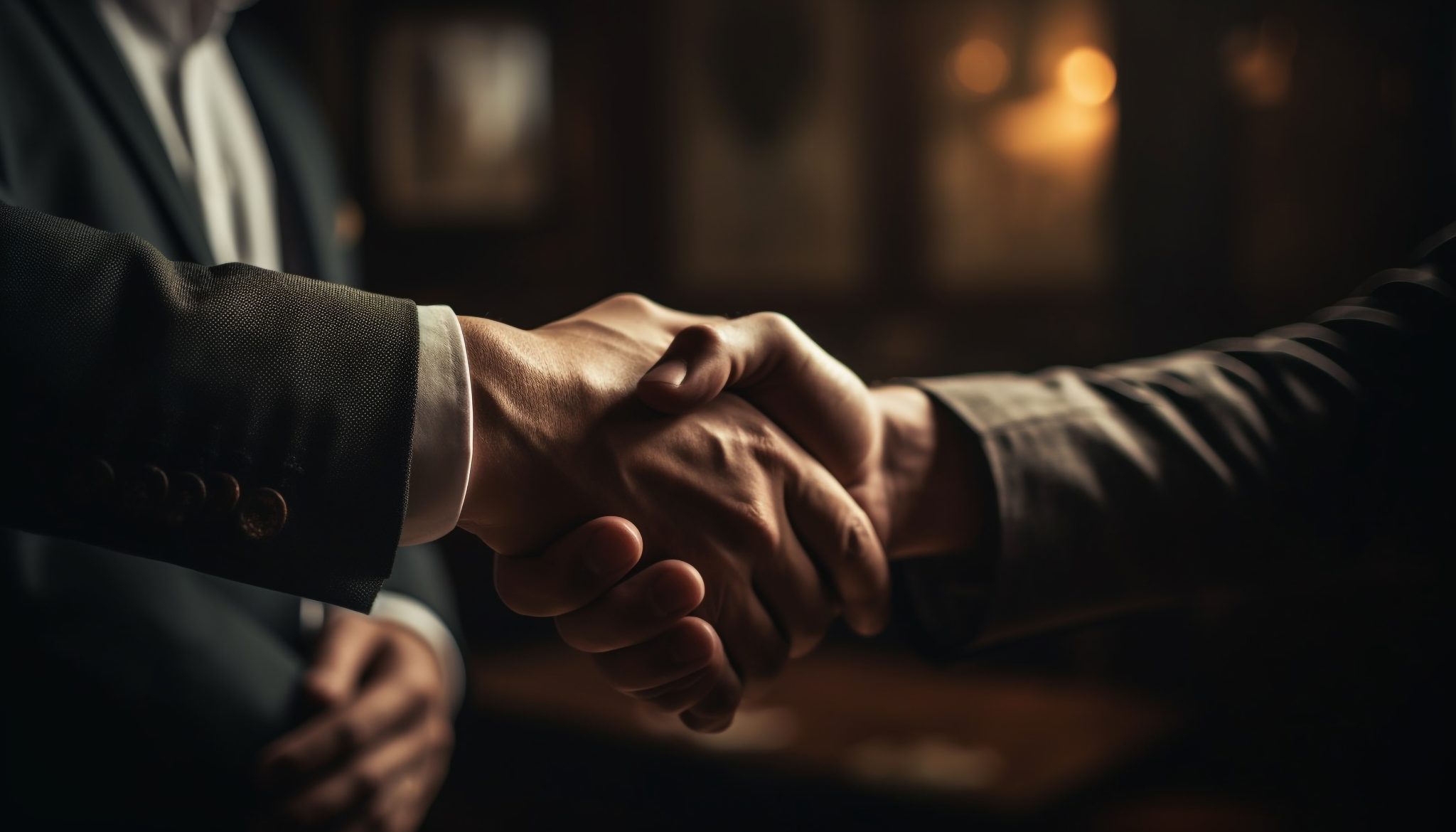 businessmen in suits seal agreement with handshake generated by ai